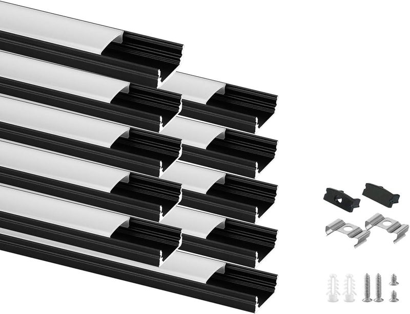Besseto 10Pack 6.6Ft/2M Black LED Aluminum Channel,LED Strip Light Diffuser Aluminum Channel Profile Housing Extrusion for Under Cabinet Counter and Stairs (Black-10Pack 6.6ft) - Image 1
